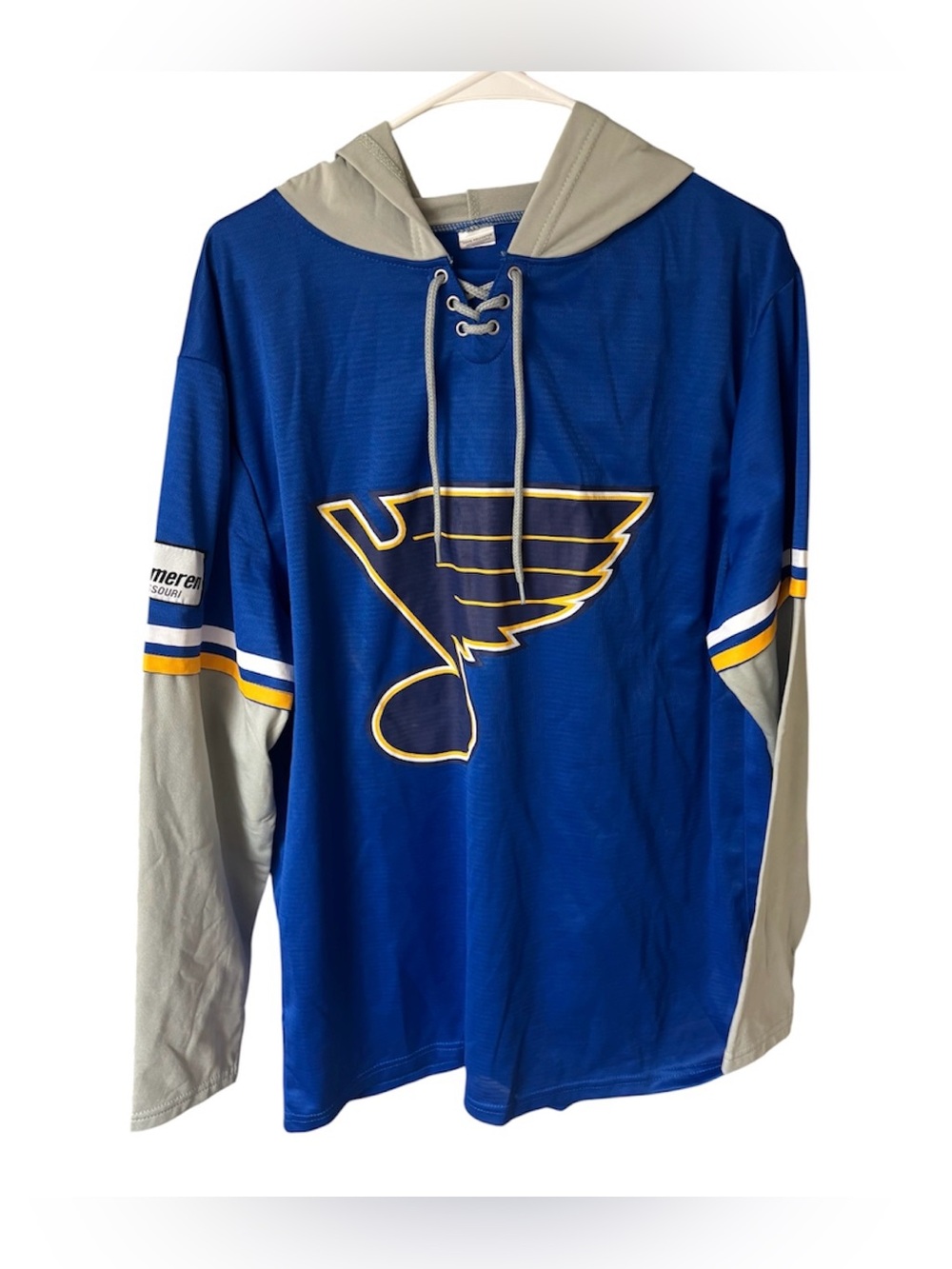 Men's Hooded Hockey Jersey in Blue and Gray with Yellow Trim